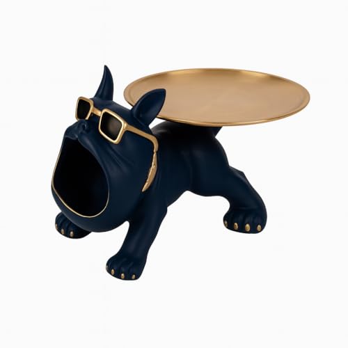 Image of Bulldog Resin Storage Tray | Decorative Dog Statue with Sunglasses | Multifunctional Remote, Key & Coin Holder for Home, Office, Entryway, or Living Room Decor (Blue)
