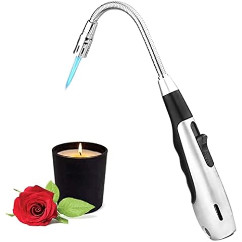 SHUNING Candle Torch Lighter, 360 ° Flexible Neck Adjust Flame Gas Lighter Windproof BBQ Butane Lighter for Kitchen Camping Travel Fire Start (Silver) Cover