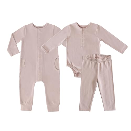 PEHR Babys First Essentials Set Pale Pink | 100% Organic Cotton 3-Piece Unisex Newborn Gift Set | Long Sleeve One-Piece Romper and Leggings (03M)