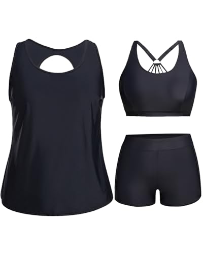 Image of Holipick Women Plus Size Swimsuits - Athletic 3 Piece Tankini with Shorts | Sports bikini top, high waist shorts, tank top, removable pads. Athletic style for water activties