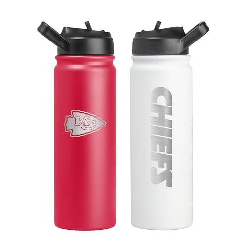 FANMATS NFL Kansas City Chiefs 24 oz Stainless Steel Water Bottle 2 Pack Team Color & White | Easy to Carry Lid