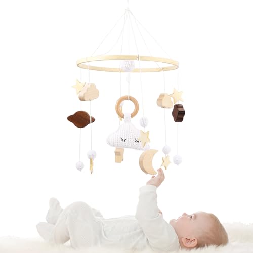 Baby Crib Mobile, Baby Cot Mobile, Baby Bed Mobile Wind Chime with Clouds Moon Star, Mobile Baby Girl Bed Bell, Pendant to Hang for Crib Cot Mobile(Wooden) (Cloud)