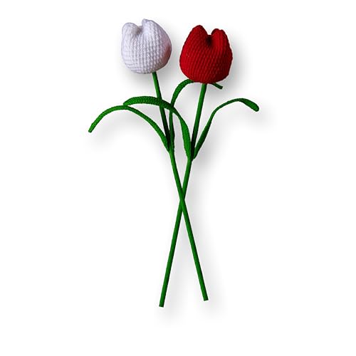 Image of Tulip Crochet Flowers | Handcrafted Artificial Faux Woolen Flower with Long Stem | Natural Looking Knitted Flower for Home, Living Room, Vase & Bouquet Decoration & Gifting | Red & White