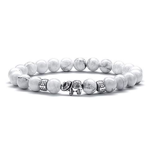 Elephant Bracelet Gifts for Women Men - 8mm Natural Elastic White Howlite Bracelet