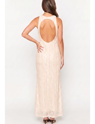 Image of Elegant Lace Floral V Neck Backless Bodycon Dresses for Women Sexy Cut Out Low Back Sleeveless Maxi Dress Wedding Guest