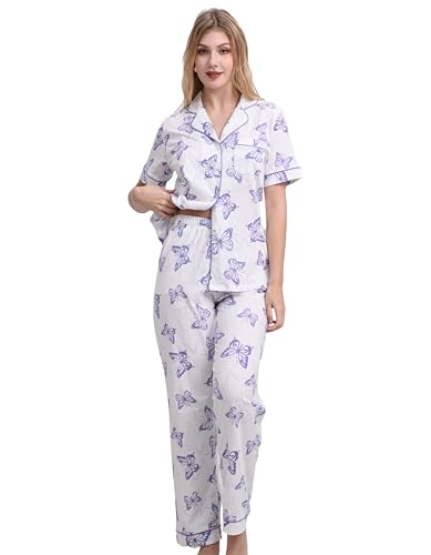 Image of NAP BOUND 100% Cotton Women's Pajama Sets Short Sleeve Button Down Soft Pjs 2 Piece Lounge Set with Pocket Nightwear XS-XXL