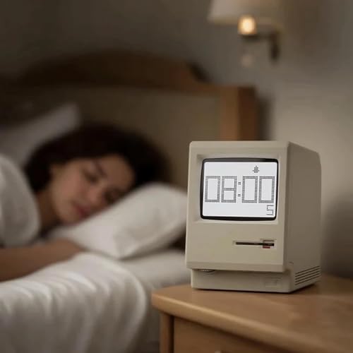 Image of ANTPO Maclock WB-8 Retro Pixel Alarm Clock, 1984 80s Computer Style Electronic Digital Clock with LCD Display, USB Desk Clock for Bedroom, Multiple Alarms, Calendar, Temperature, Adjustable Brightness