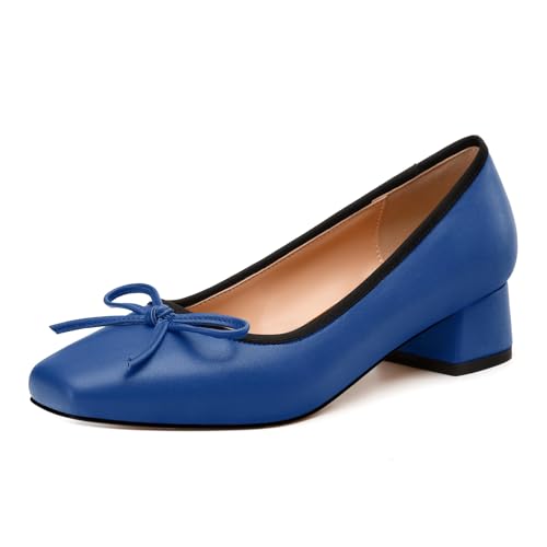 Womens Pumps, Square Toe Low Block Heel Pumps for Women, Leather Insole Comfort Daily Pump Shoes with Bow Tie 1.3
