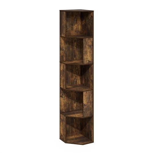 Image of Furinno ECON Corner Shelf, 5-Tier Corner Book Shelf, Standing Storage Shelves, Cube Display Rack, Bookshelf, for Organization and Storage, Living Room, Home Office, Amber Oak