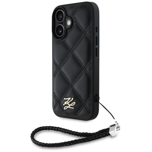 Coque iPhone 16 Karl Lagerfeld noire matelassée avec logo initial et chaîne élégante