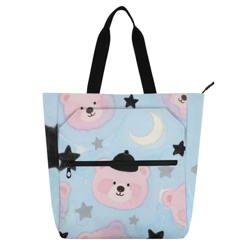 Bolsa de mano grande con cremallera y diseño de oso rosa para máxima seguridad y espacio