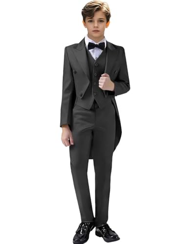 Toobour Boys Gothic Tailcoat Suits 3 Piece Long Tuxedo Suit for Kids Costume Jacket Vest Pants Set for Wedding Black