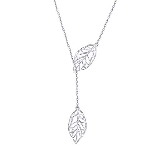 Long Necklace Sterling Silver Leaf Larait Bar Y Lariat Long Chain Drop Adjustable Necklace Gift for Her, 30"