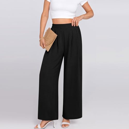 Wide Leg Pants Women Dressy Elastic High Waisted Lounge Palazzo Pant Flowy Casual Business Work Trousers with Pockets2