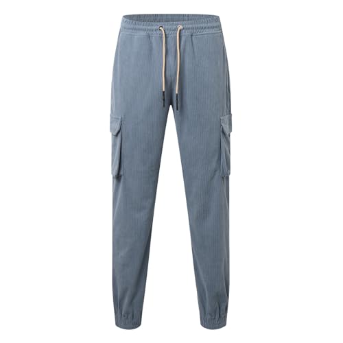 Men's Corduroy Cargo Pants Retro Workwear Loose Fit Elastic Waist Hiking Trousers with Multi-Pockets3