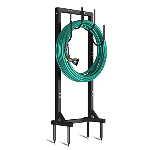 Winpull Garden Hose Holder Water Hose Holder With 4 Spikes, Freestanding Hose Hanger Outdoor Hold Stand Heavy Duty 4 Hooks Metal Garden Hose Storage Hose Reel Rack For Outside (Black) #TOP21
