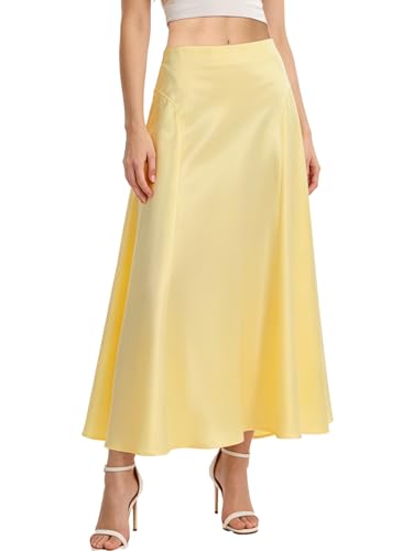 HOTIAN Damen Satin Rock Lang Elegant Hohe Taille A Linie Röcke Einfarbig Midi Skirt Sommerrock Business Party Skirt