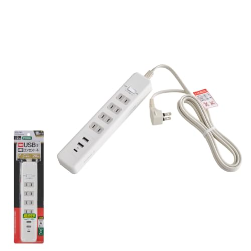 電源タップ 耐雷サージ PD20W USBポート付き(Type-A・Type-C)コンセント4個口 2m WLS-4322SUC(W)