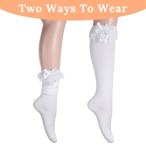 White Knee High Socks with Bow, Women's Soft Cotton Lace Ruffle Socks Over the Knee Tube High Stockings Cute Solid Color Lace Ruffle Bow Girls for Girls and Women4