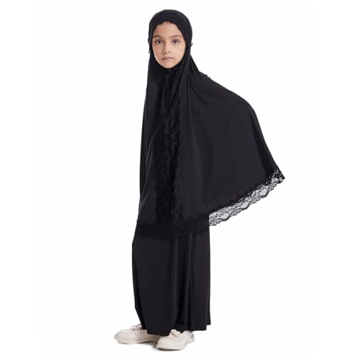 Image of Kids Girls Abaya Muslim Full Cover Lace Hijab Dress Kaftan Dubai Islamic Prayer Dress, 2pcs Set
