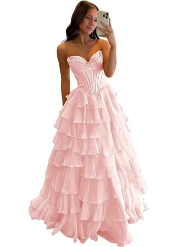 enetly Tiered Chiffon Lace Corset Blush Pink Prom Dresses for Women 2026 with Slit Long Strapless...
