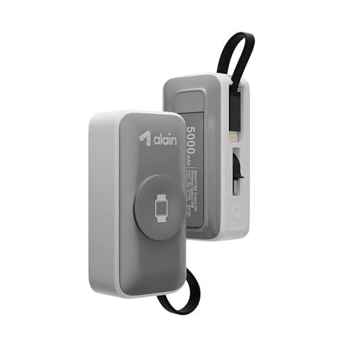 Image of alain Pocket Charge Pro 5000mAh Mini Power Bank | 22.5W Type-C & Lightning Fast Charging Output | 2.5W Wireless Charging | LED Indicators, Multi-Layer Protections, Android & iPhone Support (Grey)