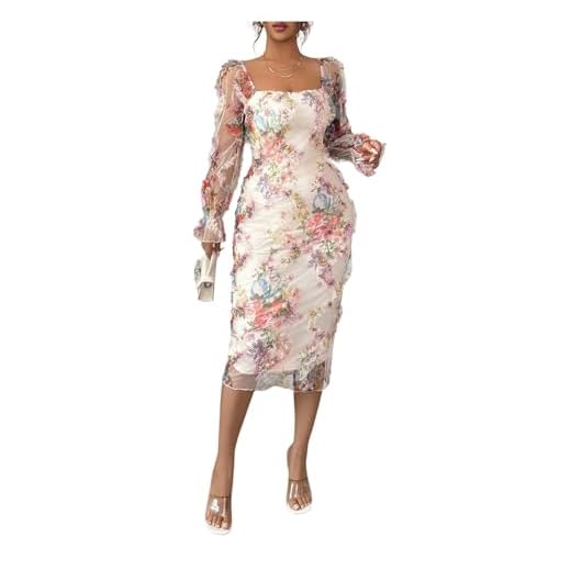 SweatyRocks Women's Floral Ruffle Garden Party Dress Sheer Mesh Long Sleeve Elegant Bodycon Midi Dresses Multicolor Medium