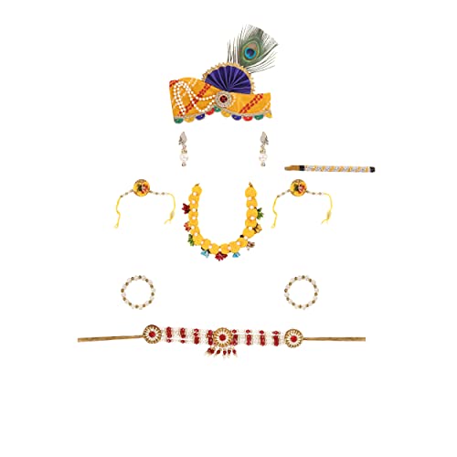 Image of Raj Fancy Dresses Shri Krishna Dress for Baby Boy & Girl, Janmashtmi Dress with Diaper-friendly Dhoti & Dupatta, Mor Pankh Mukut
