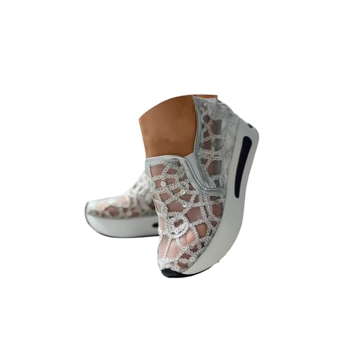 Floral Embroidery Sneakers for Women 2025 Platform Wedge Shoes Breathable Sheer Mesh Lace Fashion Sneakers with Arch Support Womens Slip On Loafers Comfortable Casual Walking Shoes