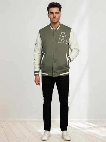 Image of CHKOKKO Men's Regular Varsity Jacket with Snap Button Closure and Patch Design Trendy Comfortable Outerwear for College Travel and Casual Wear