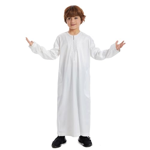 Kids Boys Thobe Muslim Robe Long Sleeve Embroidered Crew Neck Arab Kaftans Islamic Caftan Arabic Abaya with3