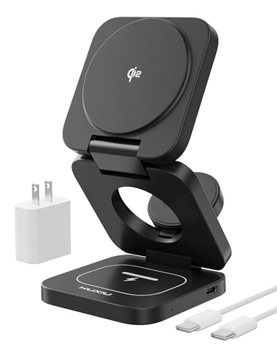 KU XIU X55Q Foldable 3-in-1 Magnetic Wireless Charging Station, 15W QI2 Fast Charger for iPhone 16/15/14/13/12, 5W for Apple Watch 10/9/8/7/Ultra 2, 5W for AirPods Pro/4/3/2, Includes 45W Adapter