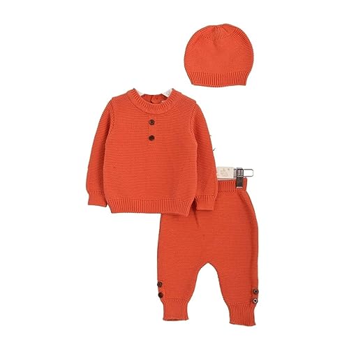 Minora - Juego de tres prendas de punto - Pantalones, suéter y gorro, Naranja-abotonado, 6-9 Monate