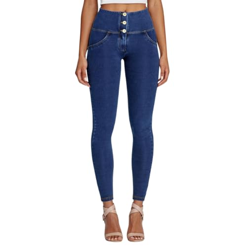 FREDDY WR.UP Jeggings push up WR.UP® super skinny avec taille haute à boutons, Jeans Sombre-Couture Jaune, Large