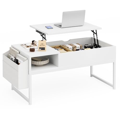 IKIFLY ローテーブル 昇降式 コーヒーテーブル 木製リフティングテーブル 多機能 リビングテーブル 高さ調整 簡単開閉 ホンムオフィス ガス昇降式 ダイニングテーブル リビングルームとオフィス用 収納テーブル 在宅勤務 食事 幅90×奥行45×高さ46-59cm (ホワイト)