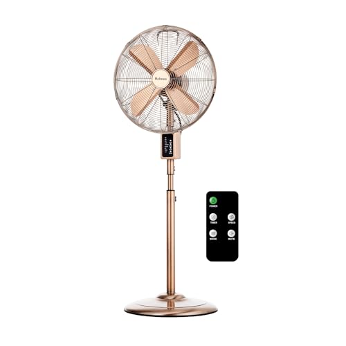 Holmes 16 Inch Copper Digital Metal Stand Fan 3 Speeds 75 Degree Oscillation 20 Degree Head Tilt Adjustable Height Quiet Operation Remote Control for Home Office Bedroom Living Room