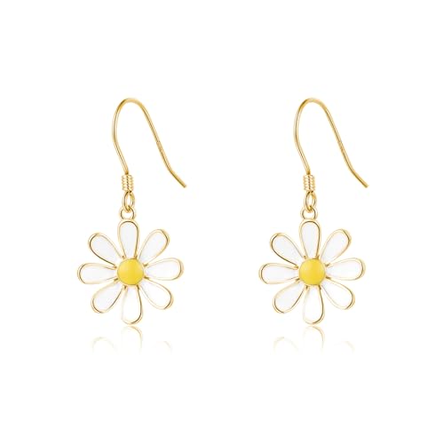 Image of SLUYNZ 925 Sterling Silver White Flower Dangle Earrings for Women Teen Girls Daisy Flower Drop Earrings Summer Spring