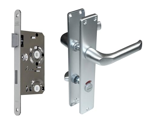 SN-TEC BKS Zimmertür/Wohnungstür/Badezimmer Komplett Set, inclusive Aluminium Schild Beschlag (WC Badezimmer rot/weiß, DIN LINKS, Langschild 215mm x 40mm)