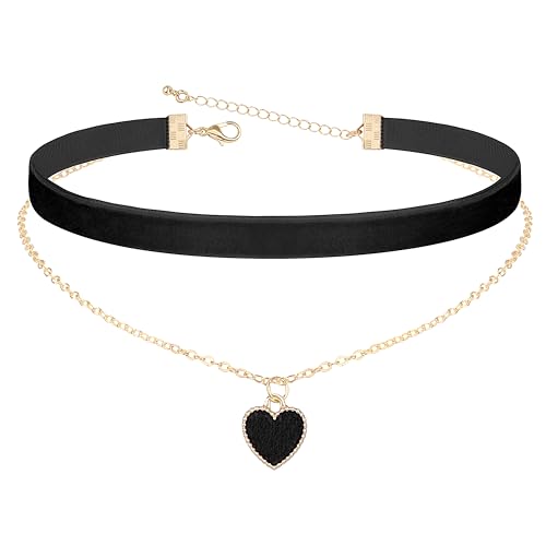 Heveer Samt Halskette Halsband Doppellagige Halskette mit Herz-Anhänger Verstellbare Gothic Choker für Damen Mädchen Schwarz
