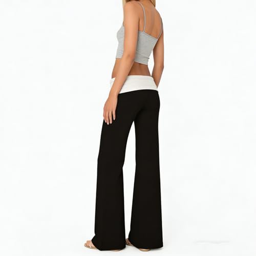 Image of Lounge Yoga Pants for Women Fold Over Low Waist Wide Leg Bell Bottoms | Y2K Foldover Pants, Flare Leggings, Low Rise Yoga Sweatpants