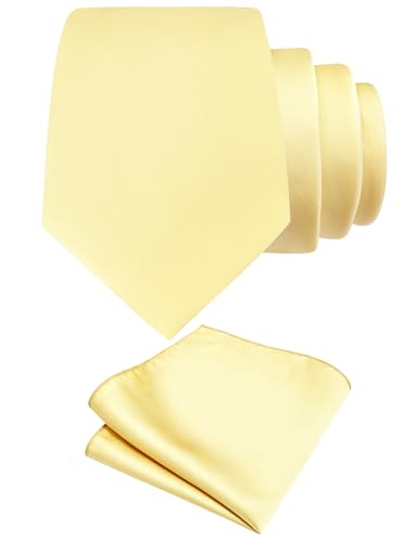 GUSLESON Light Yellow Tie Set for Men Formal Business Silk Blend Necktie and Pocket Square Set for Wedding (6110-11)