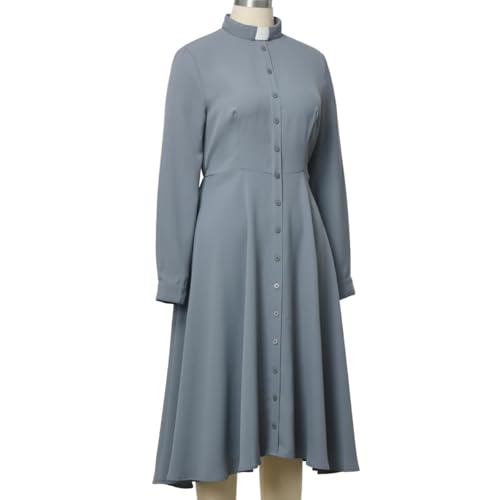 Image of FAD-4U Church Clergy Dress for Women Long Sleeve Rows Buttons A Line Dress with Tab Collar
