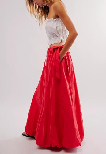 Awoscut Women Y2K Bubble Maxi Skirt Casual Low Waist Flowy A Line Long Skirt Summer Balloon Skirt with Pocket3