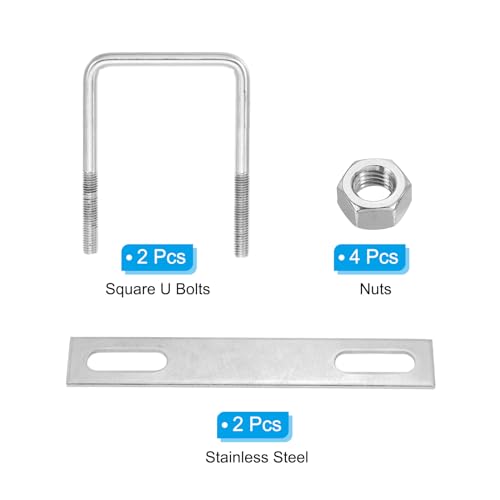 Image of PATIKIL M10x80x100mm Square U-Bolts Kit, 2Set 304 Stainless Steel Square U Shaped Bolts Replacement Parts with Frame Plates and Nuts for Ski Board Sailboat Trailer