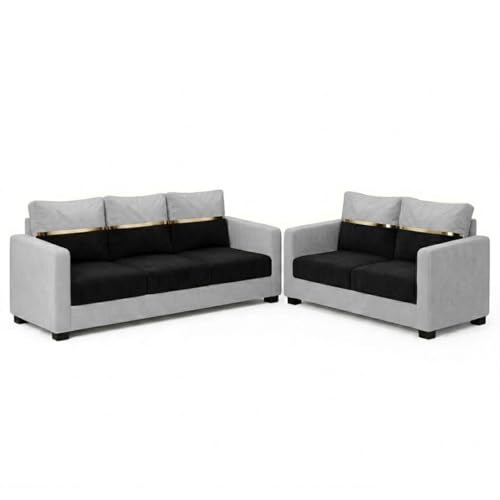 Image of FURNY Hedstor 3 Seater + 2 Seater Fabric Sofa Set (Light Gray-Black) with Velvet Finish | Durable Comfort | Ideal for Living Room