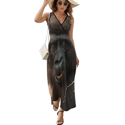Robe maxi col V décontractée style bohème chic imprimé orang-outan vêtement été sans manches