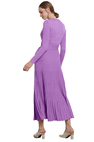 Image of Women's Long Knit Crewneck Sweater Dress Tie Waist A-Line Swing Pleated Bodycon