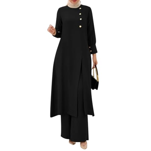 IDOPIP Abaya Dress for Women Muslim Set Long Sleeve Ramadan Islamic Dress Shirt with Pants 2PCS Dubai Prayer Casual Clothes