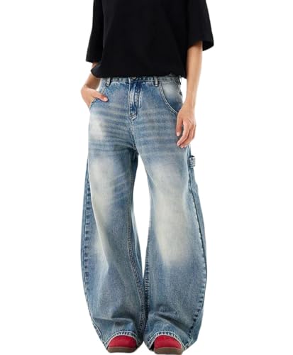 Men Wide Leg Washed Jeans High Waisted Loose Fit Casual Solid Color Denim Pants Streetwear
