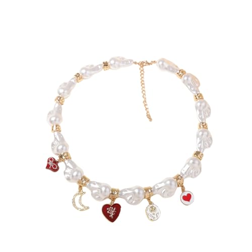 Gargantilla de perlas barrocas con dijes de corazón, cadena de cuentas en tono dorado con colgantes esmaltados para mujer